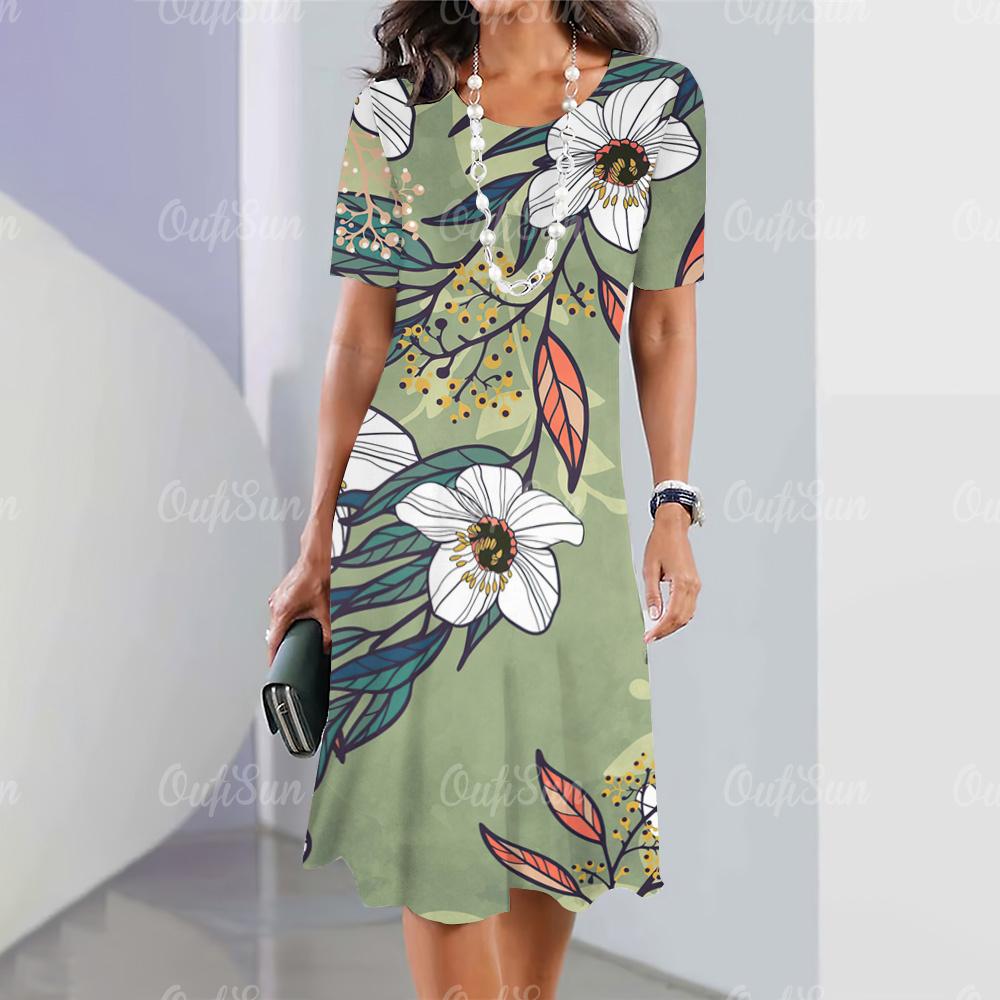 Новые женские платья, элементы 3D-цветочной печати, элегантные повседневные платья с коротким рукавом, модные женские платья больших размеров 2024 года