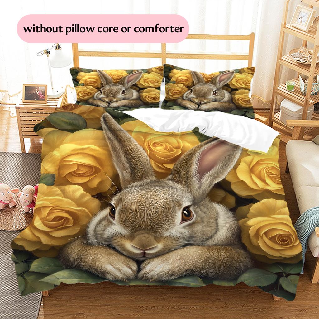 Rabbit and Fresh Flowers Pattern Bedding Home Decoration Birthday Gift (1 * duvet cover + 2 * pillowcase, without core)