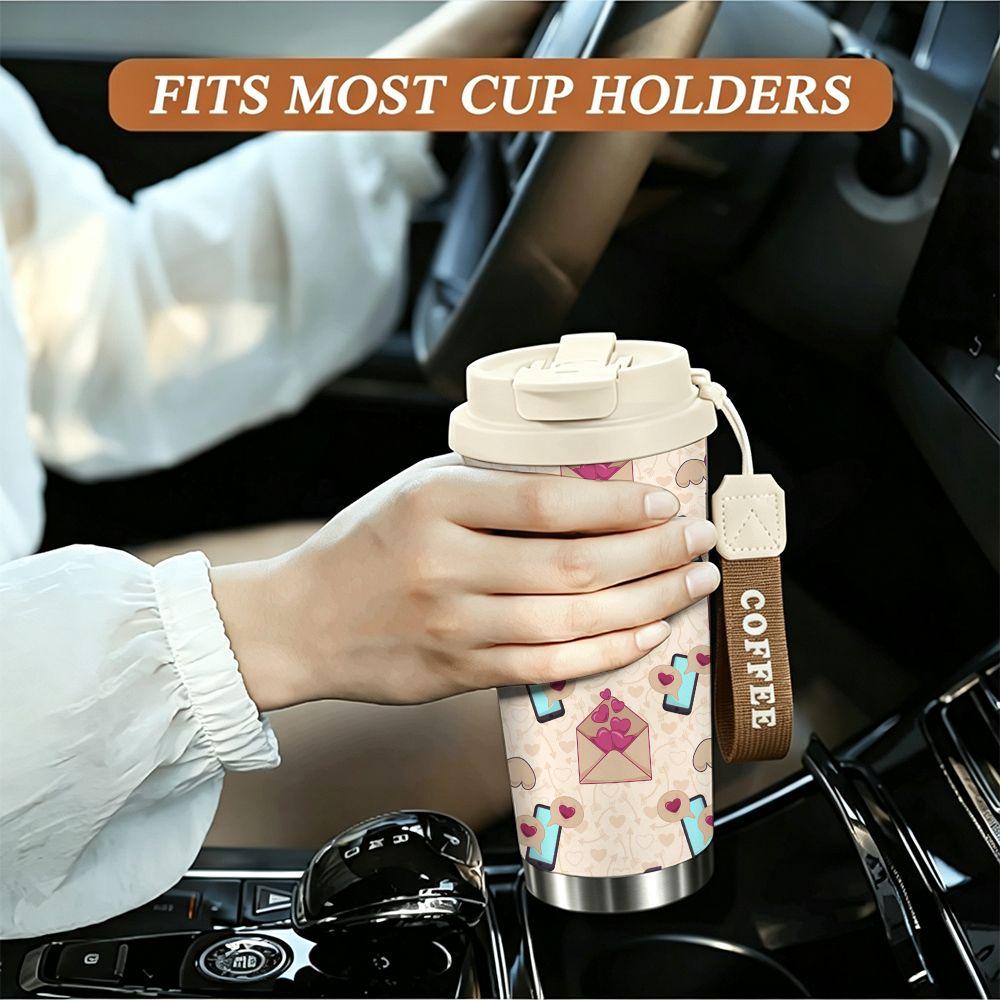 Love Letter and Cupid Heart Pattern Stainless Steel Insulated Coffee Tumbler, Reusable Travel Mug for Hot Cold Drinks, Romantic Valentine Gift