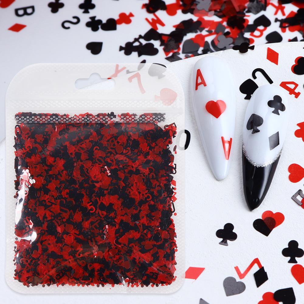 10g Red Black Nail Sequins Decorations 3D Poker Heart Numbers Letters Flakes for DIY Nail Art Supplies Nail Manicure Accessories