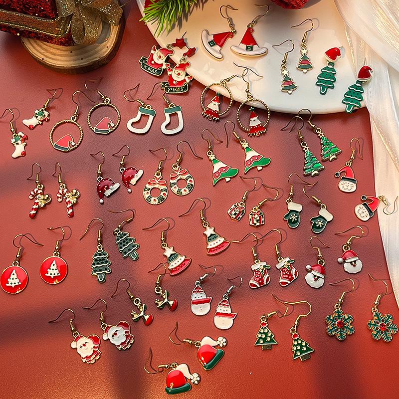 New Christmas Drip Oil Stud Earrings: Red & Green Tree, Snowman, Boots, Bells – Cute Cartoon Jewelry