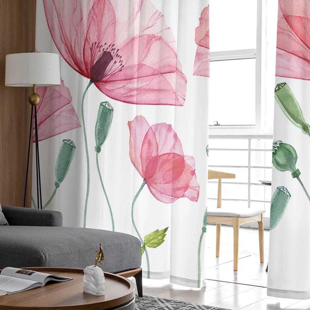 Тюлевые шторы с цветком мака и растением, модные прозрачные занавески с принтом для гостиной, окна, современный декор