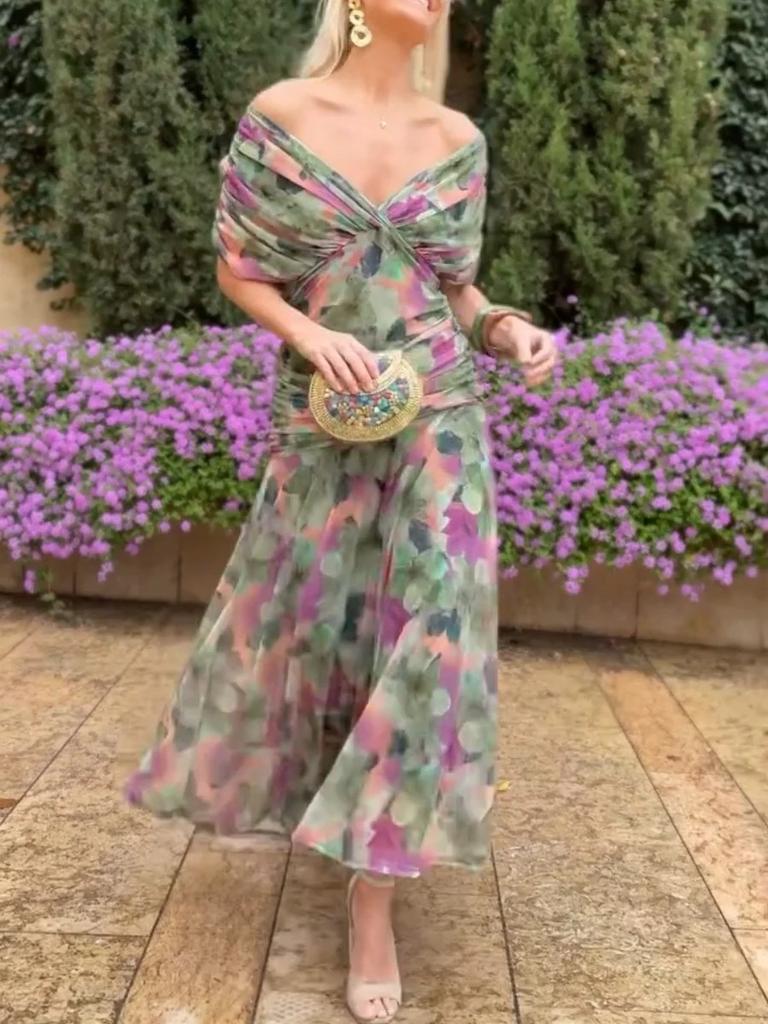 Вечернее платье русалка с цветочным принтом и открытыми плечами, длинное платье с оборкой по подолу
