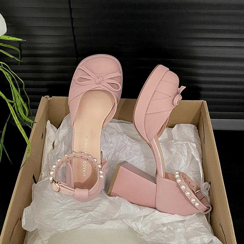 Модные горячо продаваемые туфли Мэри Джейн на блочном каблуке с французским бантом, женские, весна-лето 2025, с круглым носком, с мелким вырезом, с одной пряжкой, с каблуками, украшенными бусинами