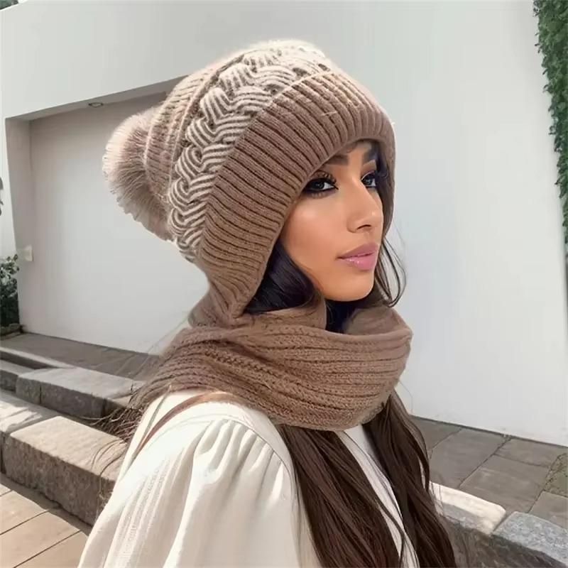 Autumn and Winter Fashion Scarf Hat One-Piece Cute Versatile Knitting Hat Women Ear Protection Neck Brace Thickened for Keep Warmth Knitting Hat