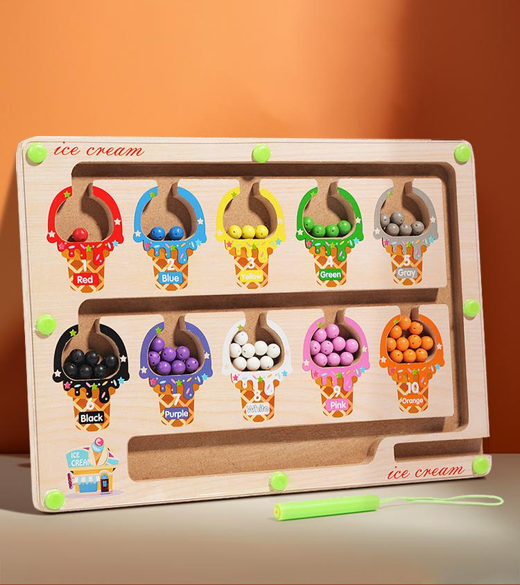 Montessori Magnetic Color Sorting Games Maze Board Pen Moving Bead Games Wooden Control Sensory Play Educational Toys for Kids