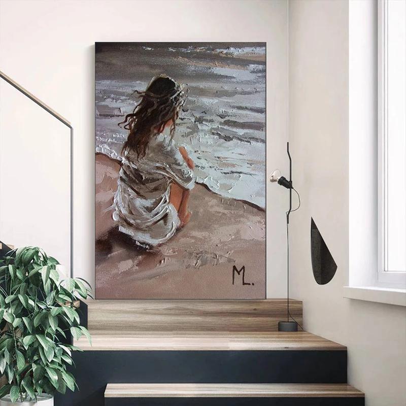 Красивая девушка, идущая по берегу моря, холст, картина, печать, известная романтическая картина маслом, постер, современное настенное искусство, картина, домашний декор, без рамки