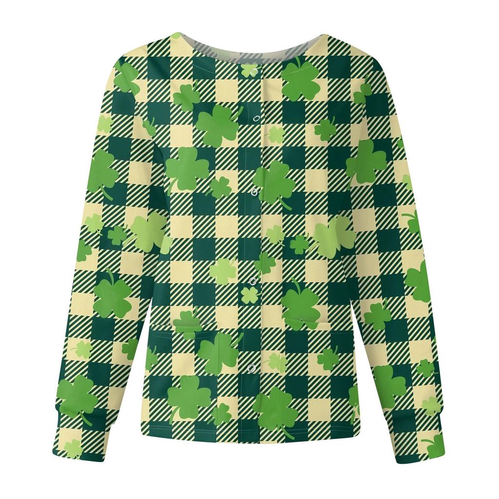 Женская мода с длинным рукавом и воротником-стойкой, однобортная, с принтом ко Дню Святого Патрика
