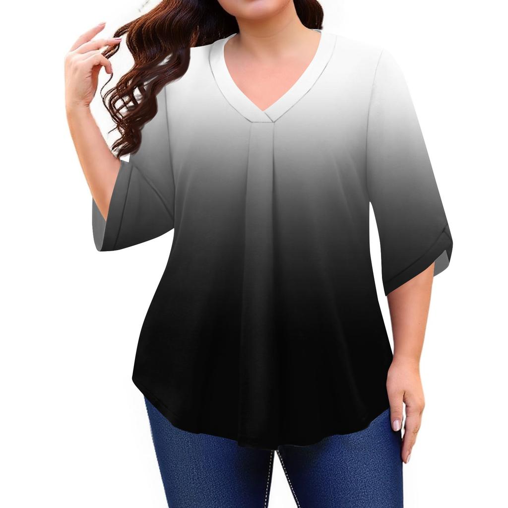 Women's Fashion Large Size Printed V-Neck Three-quarter Sleeve Top