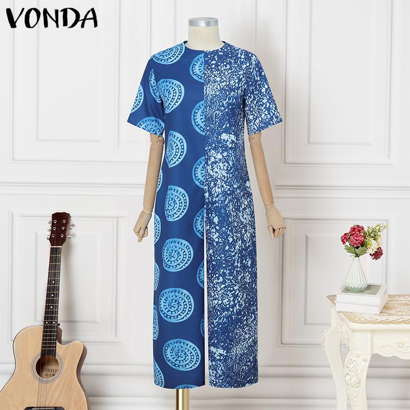 VONDA Свободные женские комбинезоны с круглым вырезом и коротким рукавом, с принтом, повседневные длинные комбинезоны
