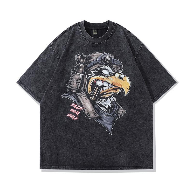 Hip Hop Gangster Washed Half-Sleeved T-Shirt Men'S European And American High Street Vintage Retro Loose Short-Sleeved Tee