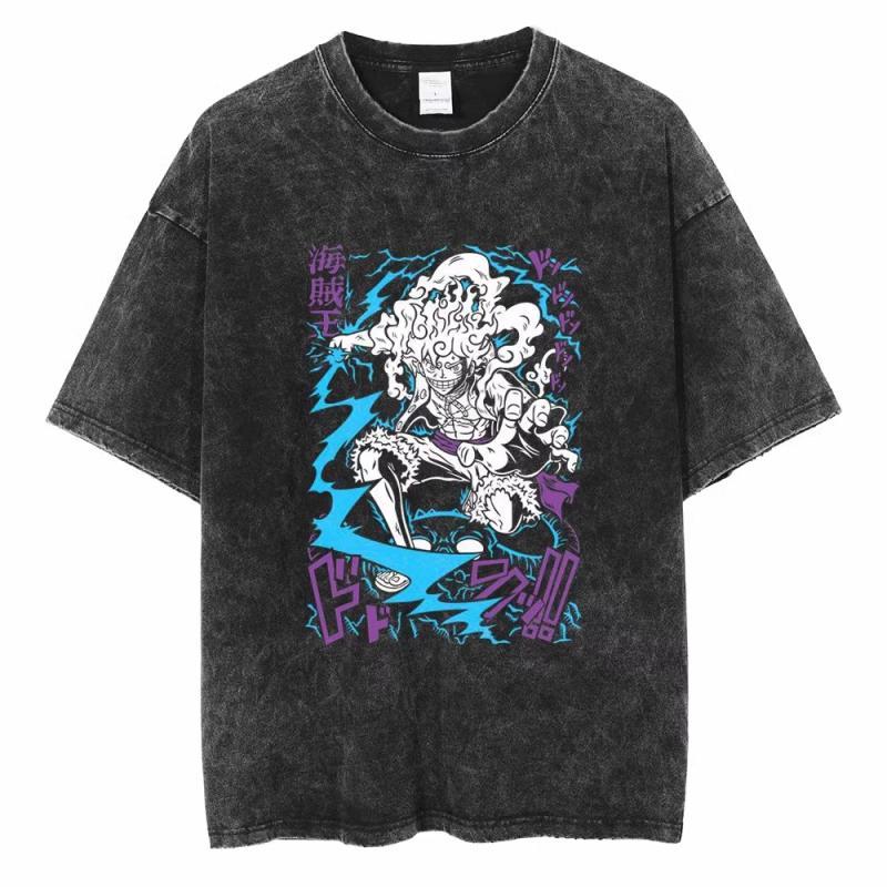 One Piece ONE PIECE Luffenica Street Винтажная Старая Хлопковая Выстиранная Футболка с Коротким Рукавом Топ Харадзюку Мужской