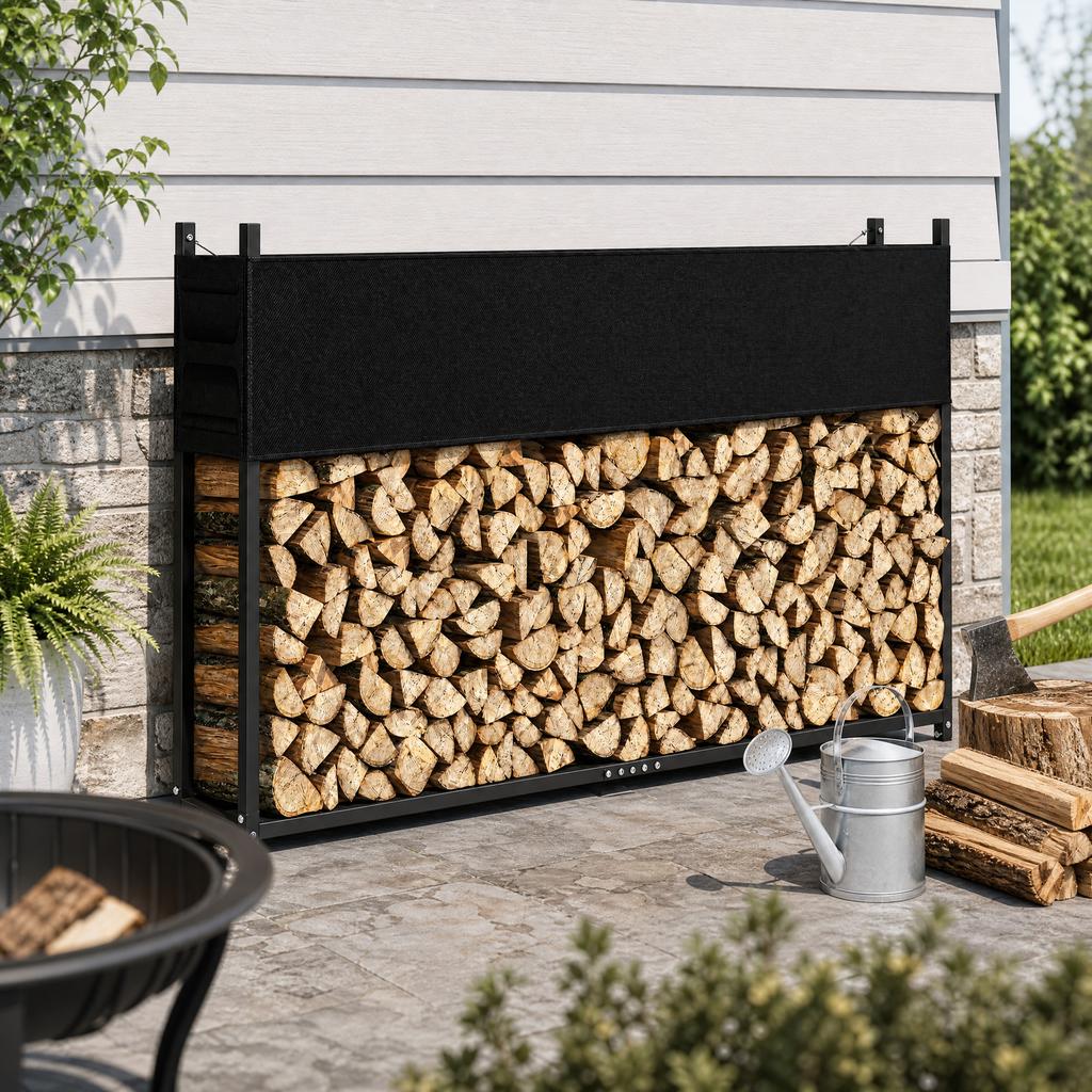 Firewood Rack 202 x 25 x 113 cm Firewood Rack with 600D Oxford Cover Steel Frame up to 500 kg Black