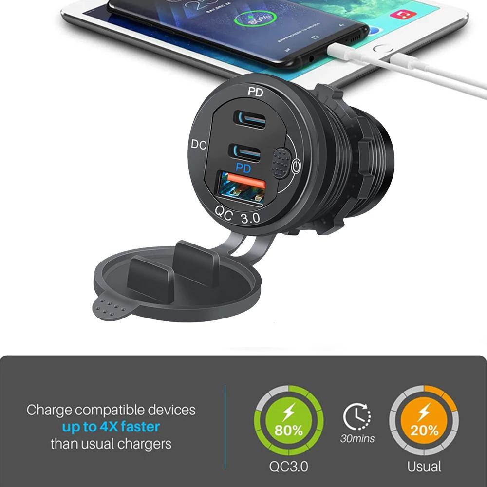 Автомобильное зарядное гнездо PD3.0 и QC3.0 USB Type-C порты водонепроницаемые со светодиодным сенсорным переключателем 115 Вт быстрая зарядка 12 В/24 В для мото адаптера