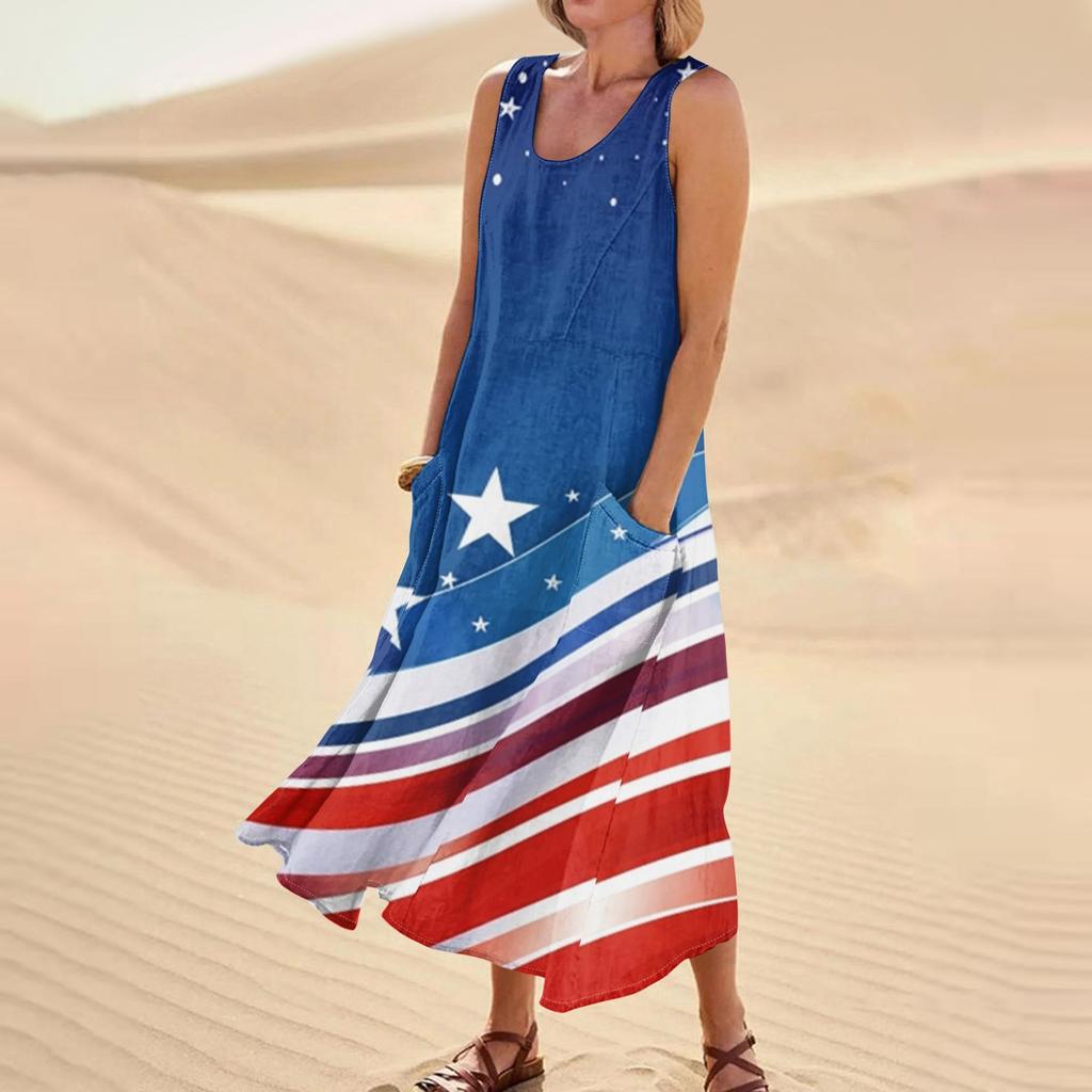 Женское модное повседневное хлопковое льняное платье без рукавов с принтом и карманами