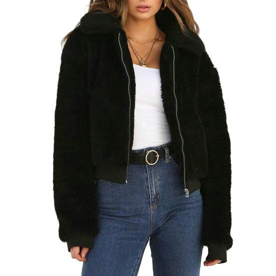 Женское зимнее пальто, толстое плюшевое однотонное пальто с длинными рукавами на молнии, мягкие теплые карманы с лацканами, повседневная эластичная манжета, уличная короткая куртка