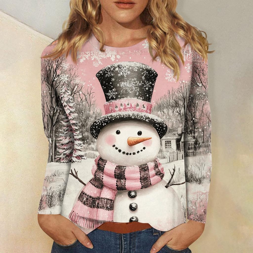 Рубашки с длинным рукавом для женщин Милые принты Футболки Блузки Повседневные Большие размеры Базовые топы Пуловеры Рождественские