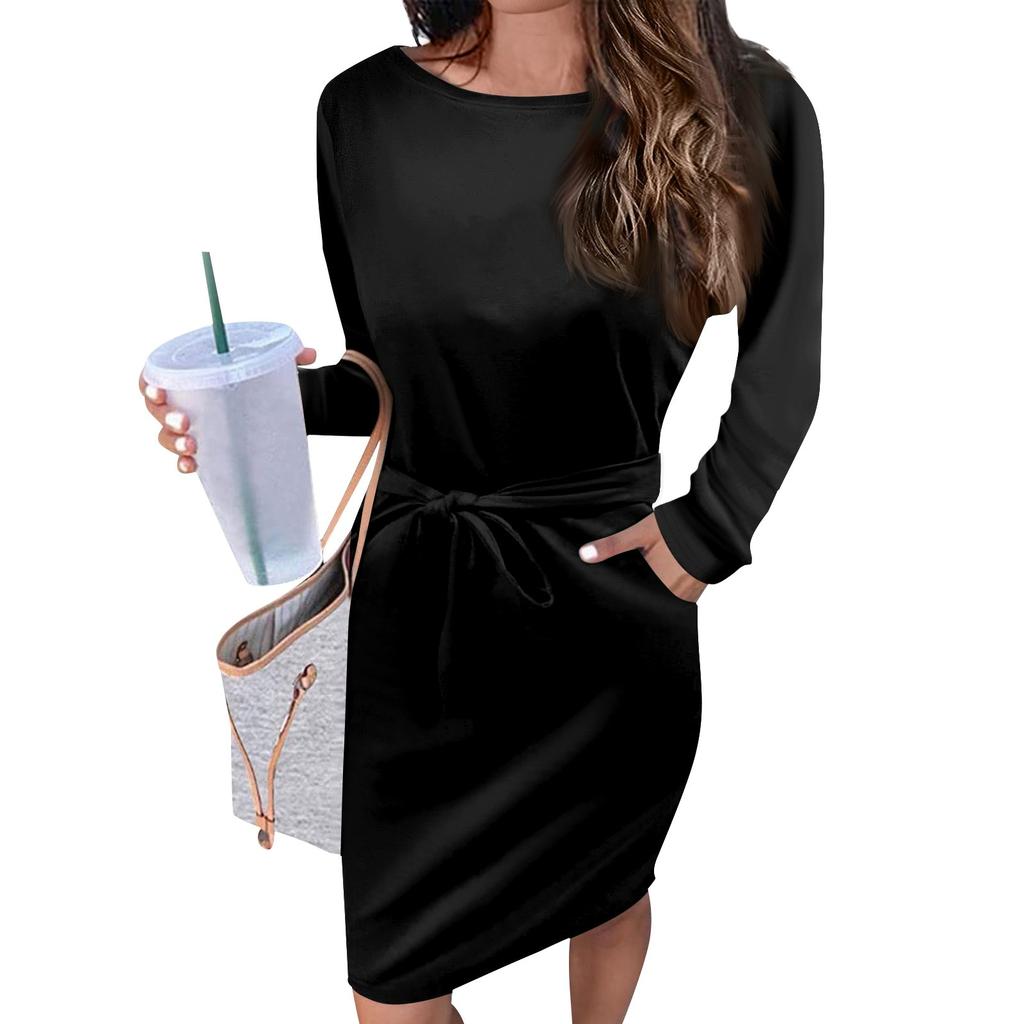 Женское повседневное модное сексуальное платье с круглым вырезом и длинным рукавом на талии, однотонное платье