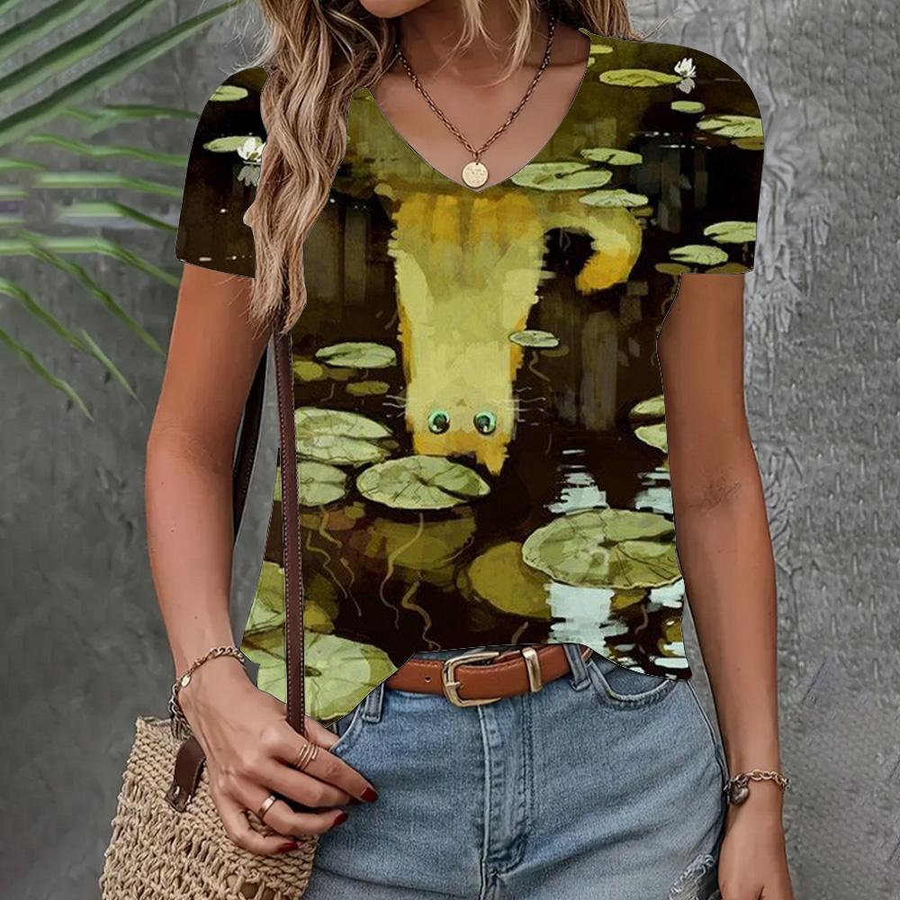 Футболка с рисунком кошки, женская одежда, модный топ с V-образным вырезом, летняя, новая, свободная, с коротким рукавом, повседневная, элегантная женская футболка