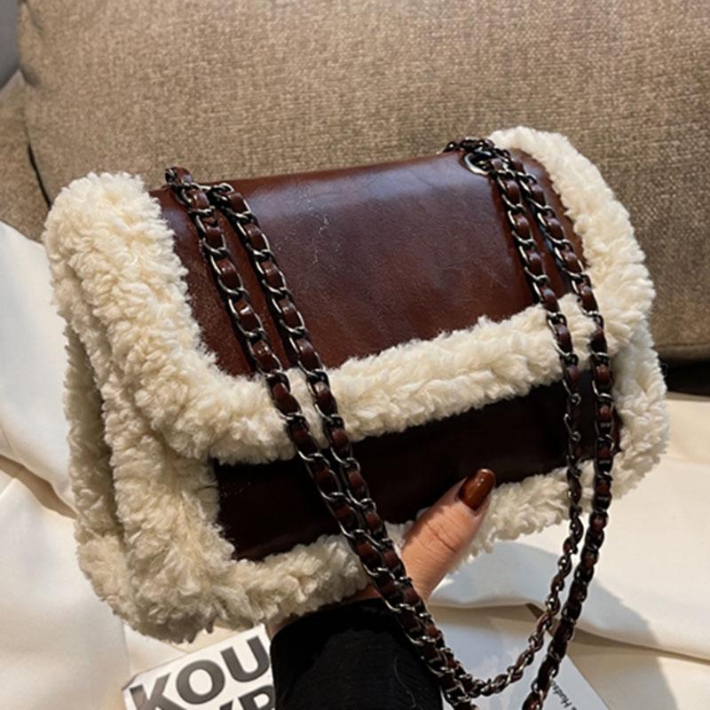 Сумка через плечо из овечьей шерсти в стиле ретро с цепочкой из лакированной кожи с глянцевой текстурой высокого класса, женская новая портативная сумка