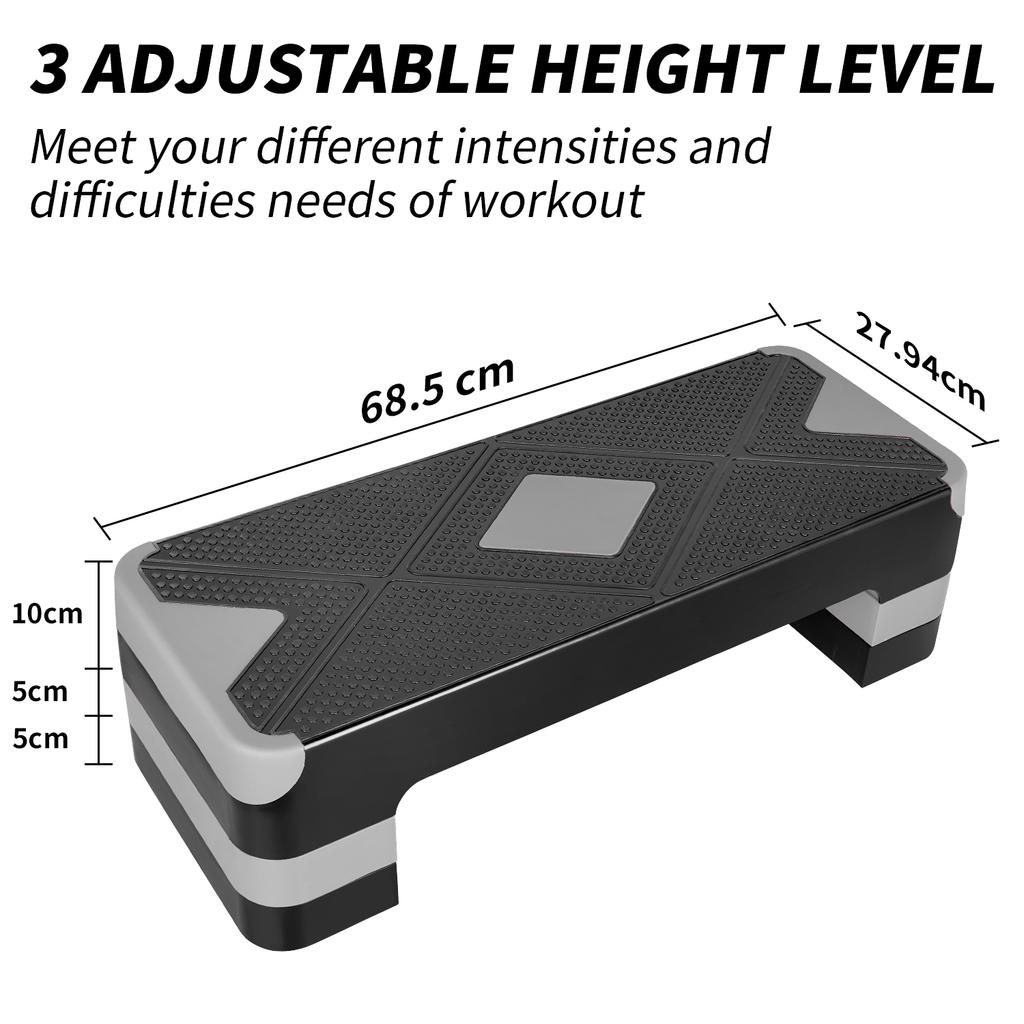 Aerobic Exercise Step Adjustable Stepper Platform for Step Up, 68.5cm/27" Step Deck with 10cm/4",15cm/6",20cm/8" Adjustable Height Risers (Gray)