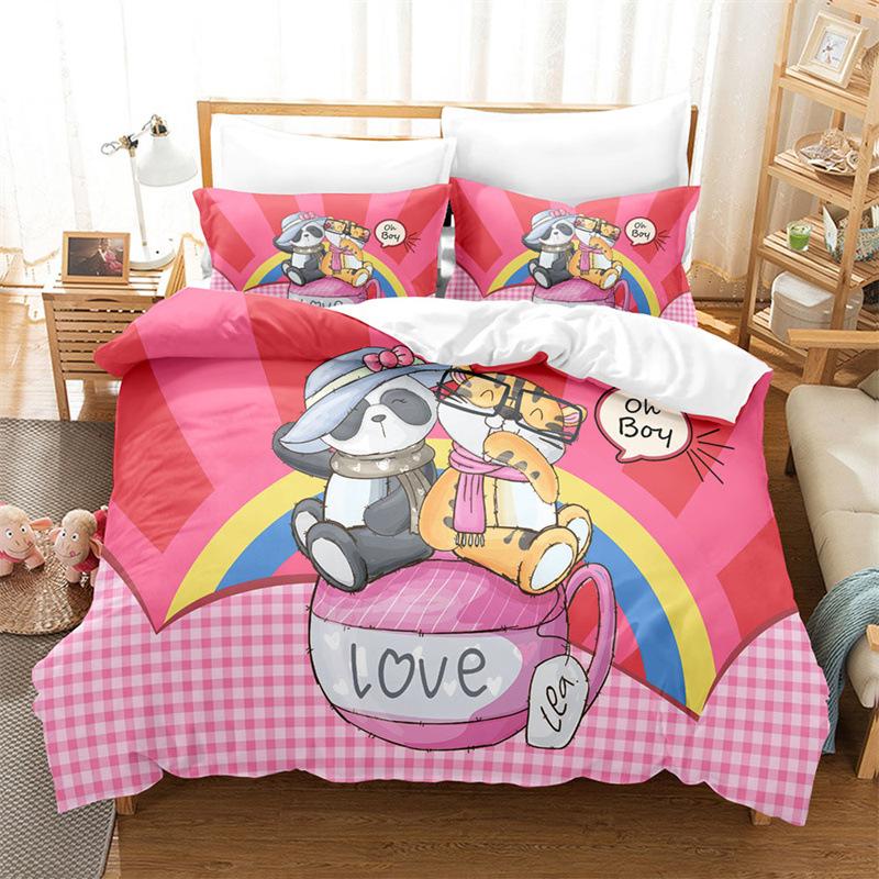 Pink Romantic Theme Duvet Cover Set King Queen Size Kawaii Cute Cartoon Yellow Crown Pink For Girls Women Polyester Bedding Set