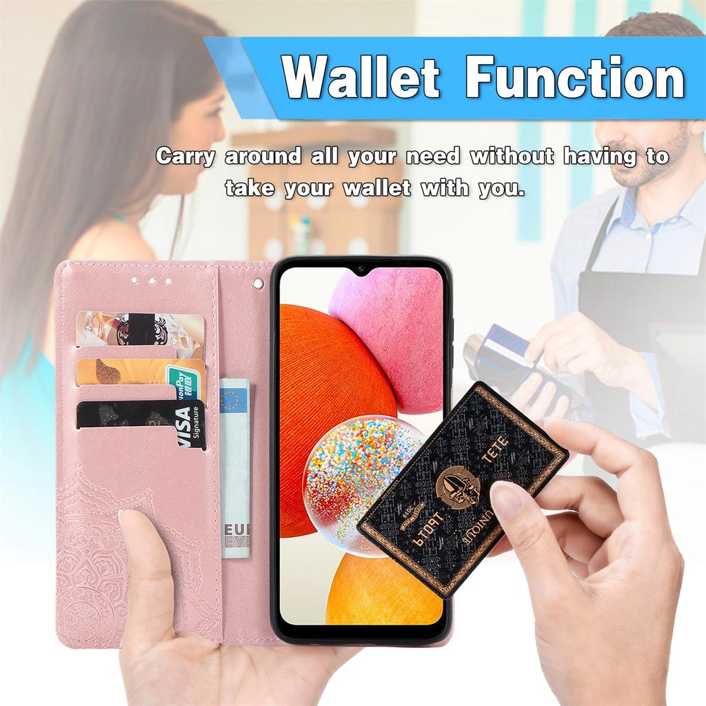 For Samsung Galaxy A14 5G/A14 4G Case Stand Embossed Mandala Pattern PU Leather Wallet Cover with Strap