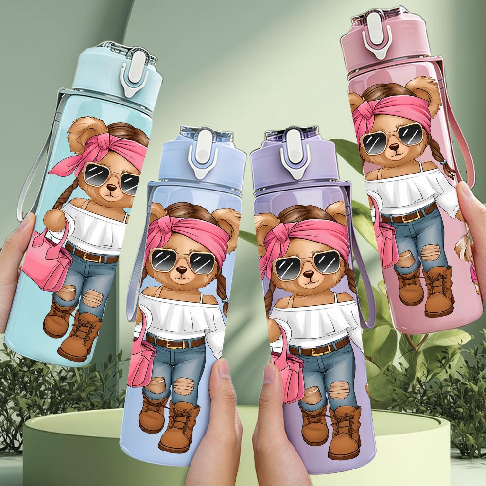 1PC Fashion Teddy Bear Puppy Cartoon 750ml Color Plastic Sports Water Bottle Leakproof Flip Straw Lid Suitable for Sports Office Home Use