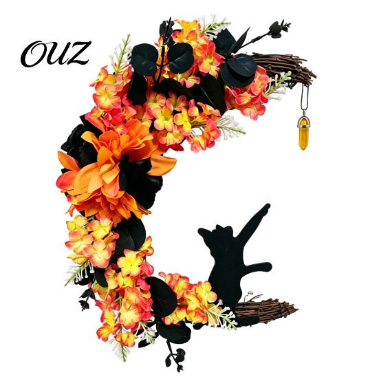 Decorative Resin Cat Statue Halloween Black Half Moon Wreath, Artificial Roses Berries Crescent Grapevine Autumnal Floral Door Hanger Spooky