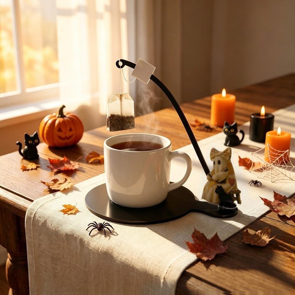 Halloween Tea Coaster Set Wooden Tea Bag Hanger Portable Tea Bag Holder Desktop