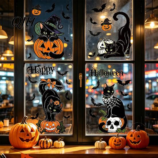 Pumpkin Glass Decoration 4 Sheets Halloween Black Cat Window Clings, Spooky Reusable Seasonal Adsorption Sticker, Double Sided Static Decals for Door