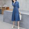 Женское джинсовое платье средней длины - весна 2024 г., корейский стиль, длинный рукав, повседневный, юбка с завышенной талией