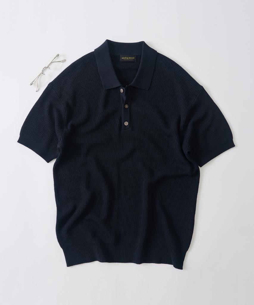 ANALOG MOOD Hacci Button-Up Collar Short Sleeve Knit (Navy)