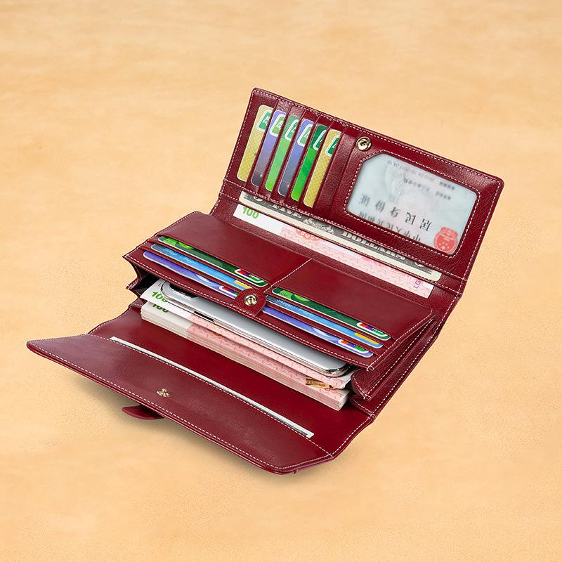 Женский кошелек, длинный масляный воск, натуральная кожа, тройной кошелек большой емкости в стиле ретро