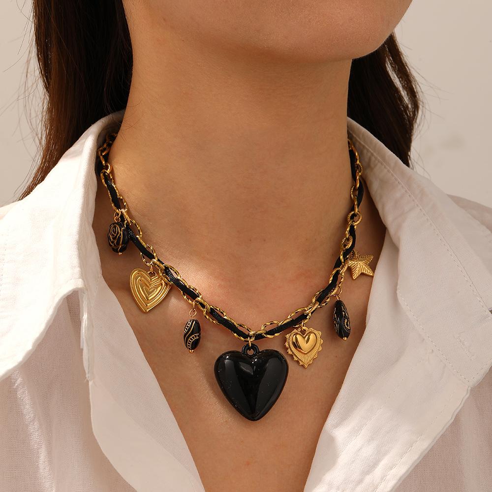 DIEYURO 316L Stainless Steel Black Gold Acrylic Heart Rose Star Pendant Necklace Women Fashion New Waterproof Neck Chain Jewelry