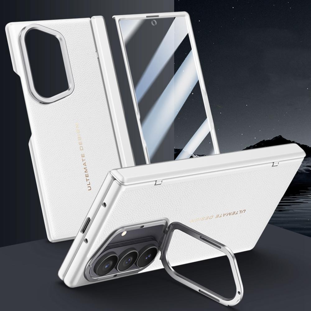 For Samsung Galaxy Z Fold7 5G Case Leather+PC Phone Cover with HD Tempered Glass Film,Lens Kickstand