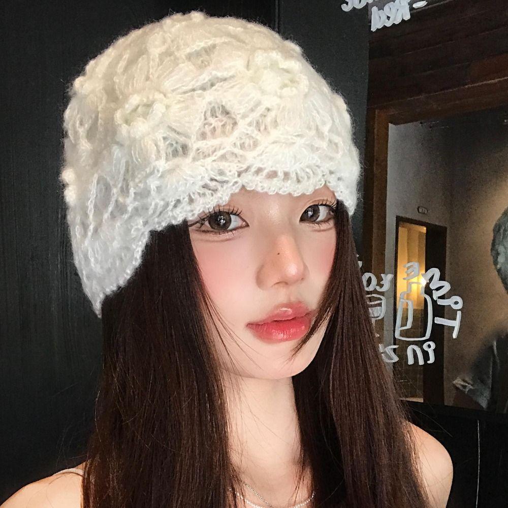 Hollow Mesh 3D Flower Knitted Beanie Hat Handmade Mesh Knit Cap Turban Knit Hat Women Casual Wear