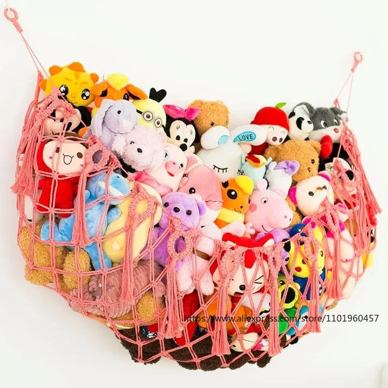 Plush Toy Wall Hanging Net with Tassels Bohemian Hanging Net Handmade Cotton Rope Kids Doll Hammock Organizer Nursery Playroom