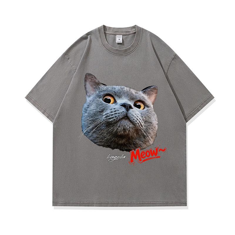 Men'S T-Shirt Street Retro Cat Digital Direct Injection Printing Pod Custom Cotton Washed Short-Sleeved T-Shirt Men