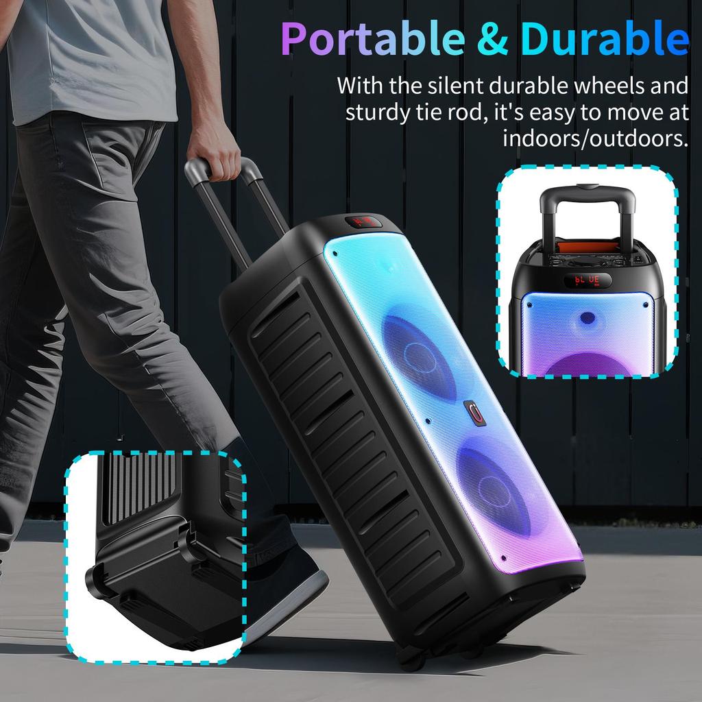 Большая Bluetooth-колонка T38, Беспроводная колонка на колесах и с ручкой, Караоке-машина с двумя микрофонами с TWS