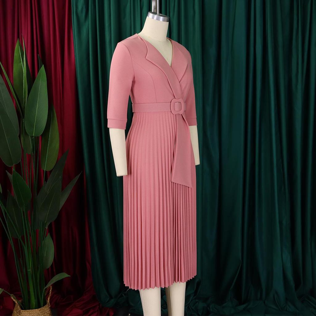 L51 Women's Suit Collar Tie-Waist Pleated African Dress
