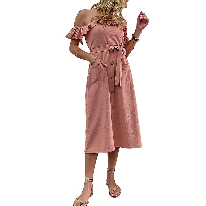 Летнее женское однотонное плиссированное платье с открытыми плечами и длинными карманами на шнуровке