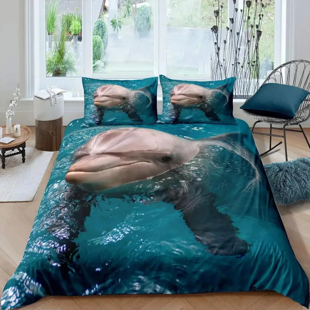 3D Dolphin In Blue Sea Queen King Size Bedding Sets Animal Single Quilt Duvet Cover Set Boys Adult Bed Polyester Bedclothes