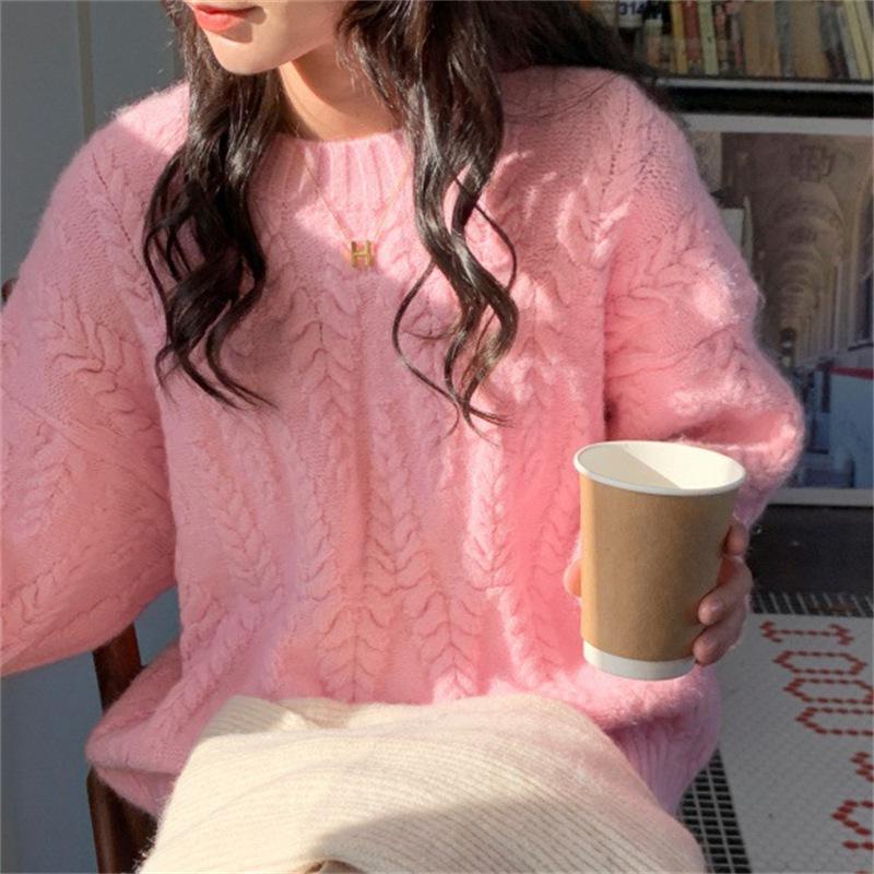 Молочно-голубой пшеничный свитер с ушами для женщин, осенне-зимний свободный жареный жгут из теста, утолщенный, нежный вязаный свитер-топ