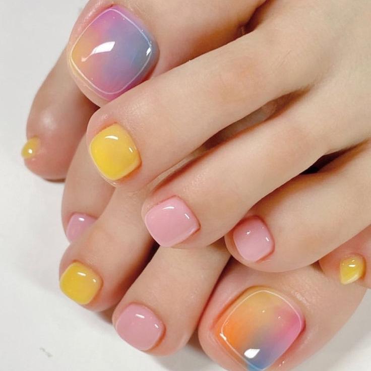 24 Pcs Short Square Fake Toenails Blue Cat Eye Rhinestone Design Full Cover Press On Nail Tips