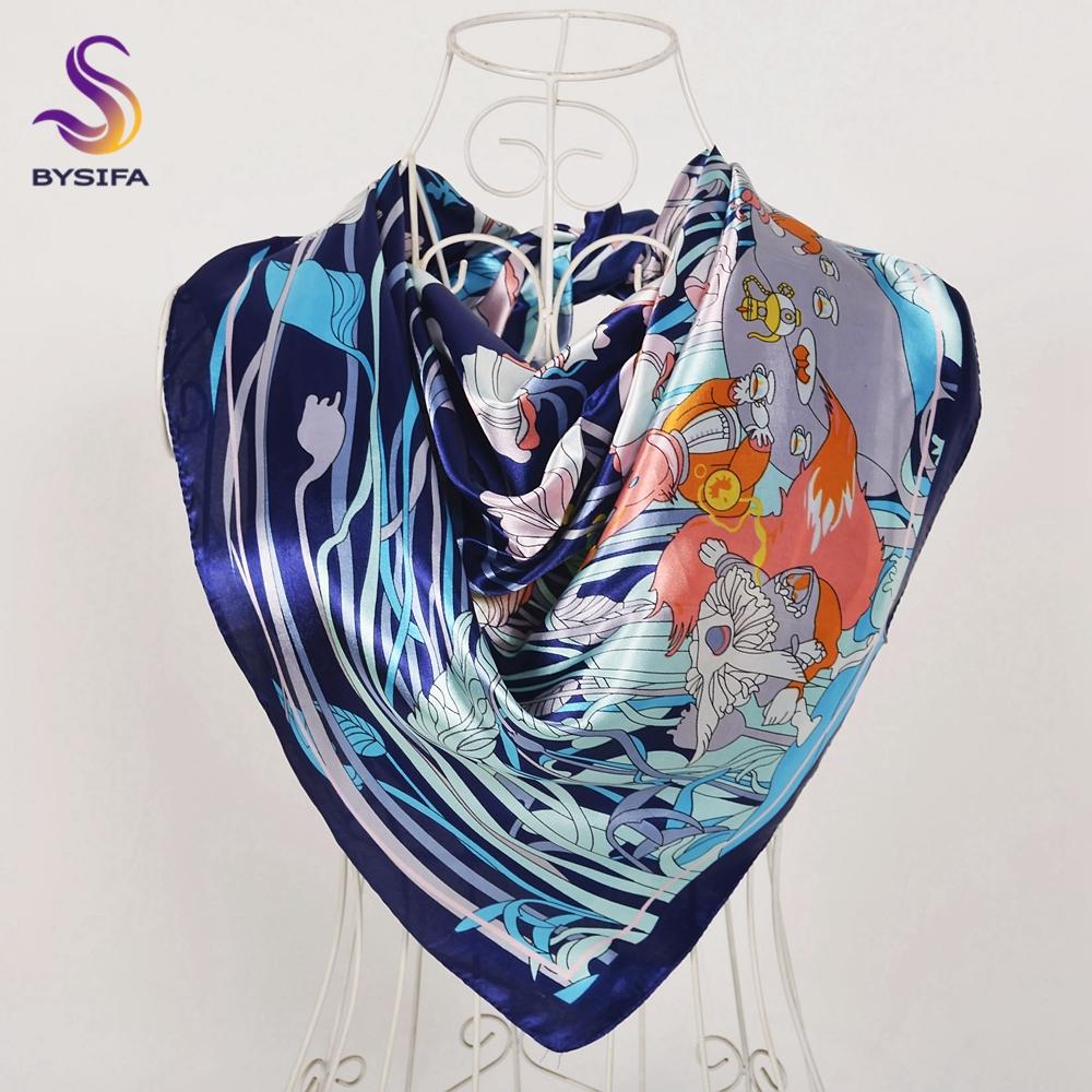 [BYSIFA] Navy Blue Chinese Roses Large Square Scarves New Female Elegant Large Silk Scarf Fashion Ladies Accessories 90*90cm