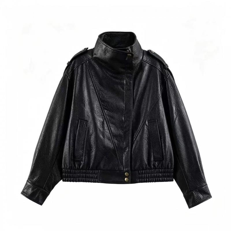 2026 Fall Womens Street Fashion Faux Leather Bomber Jacket W025