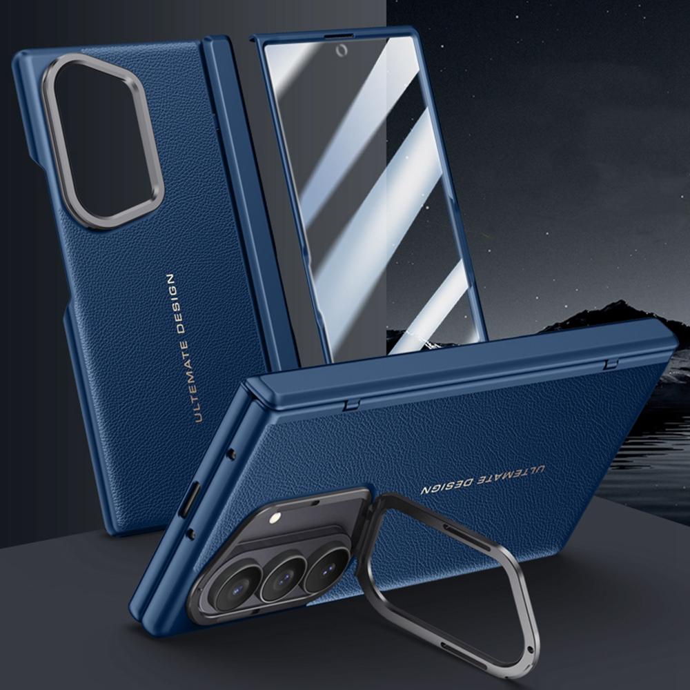 For Samsung Galaxy Z Fold7 5G Case Leather+PC Phone Cover with HD Tempered Glass Film,Lens Kickstand