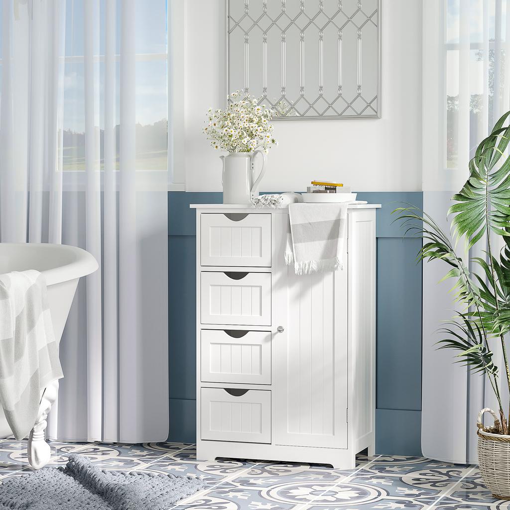 Bathroom Storage Cabinet, Door, 4 Drawers, Adjustable Shelf, 56 x 30 x 83 cm, White