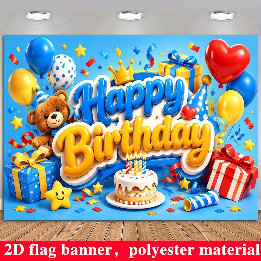 2D Flat Banner, Party Backdrop, Bear Doll, Balloons, Cake, Stars
